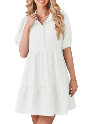 Brilliant White Flowy Dresses for Women Babydoll Shirt Dress Business Casual Work Modest Puff Sleeve Short Dress