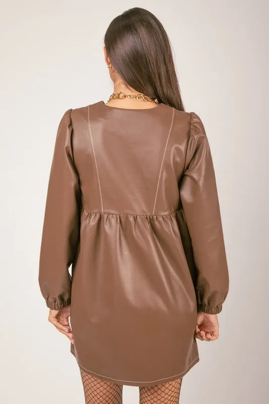 Brown V-neck Flare Faux Leather Babydoll Mini Dress