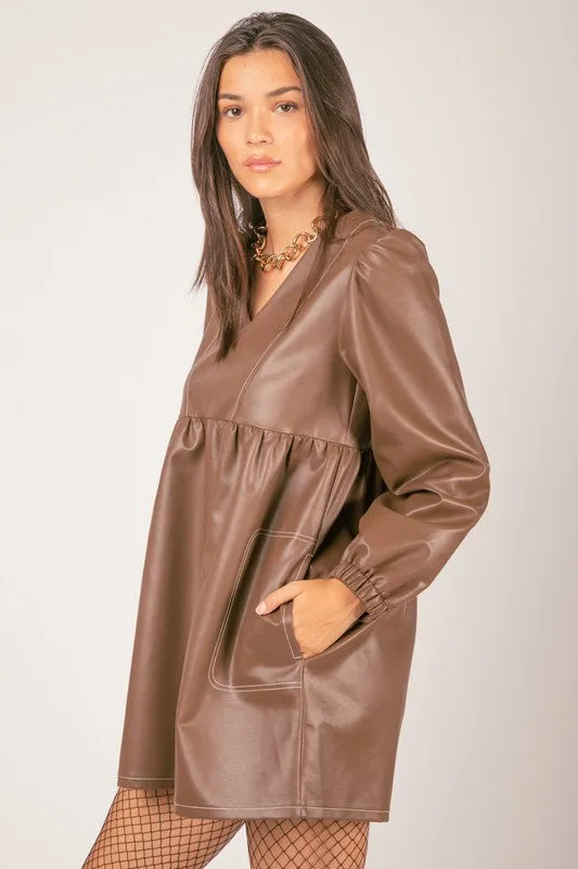 Brown V-neck Flare Faux Leather Babydoll Mini Dress