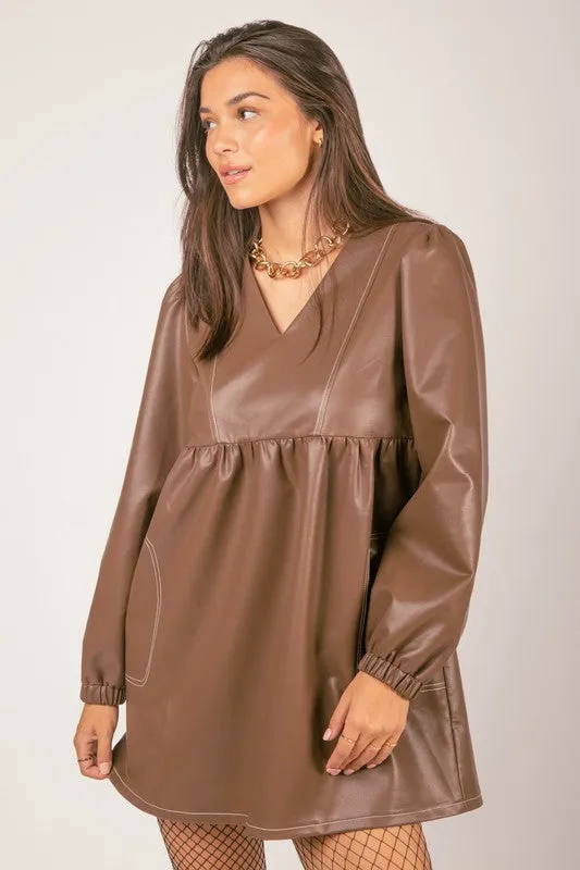 Brown V-neck Flare Faux Leather Babydoll Mini Dress