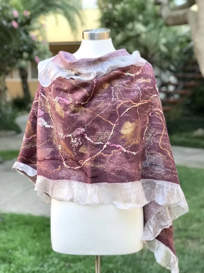 Burgundy Felted Scarf for Women, Hand Felt Shoulder Wrap, Nuno Felted Scarf, Wedding Textured Shawl, Felt Silk Scarf, Wool Scarf