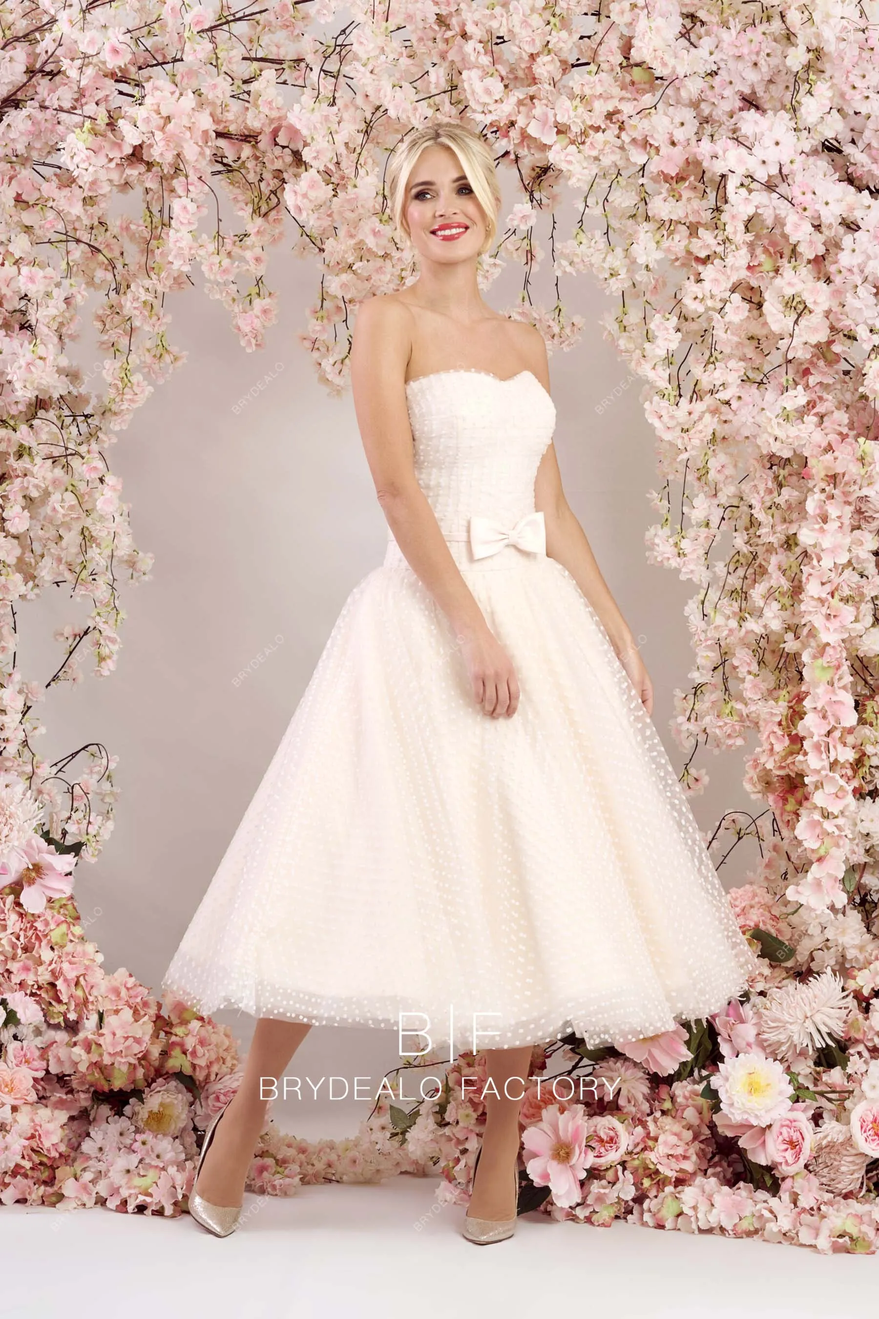 Champagne Pretty Dot Tulle Tea Length Strapless Puffy Wedding Dress