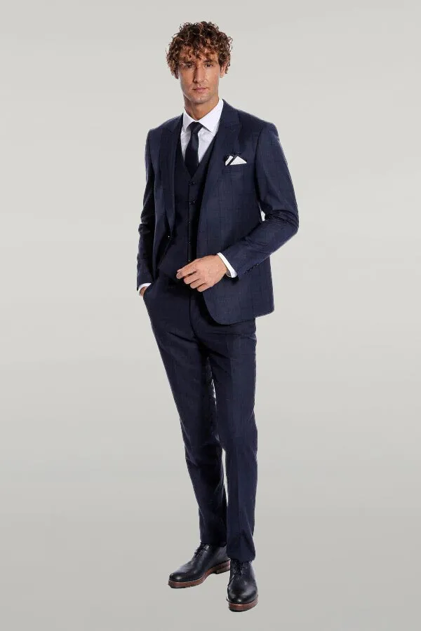 Checked Vested Slim Fit Navy Blue Men Suit - Wessi