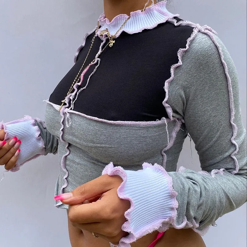 Chic Colorblock Crop Top Gothic Striped Turtleneck  Long Sleeve