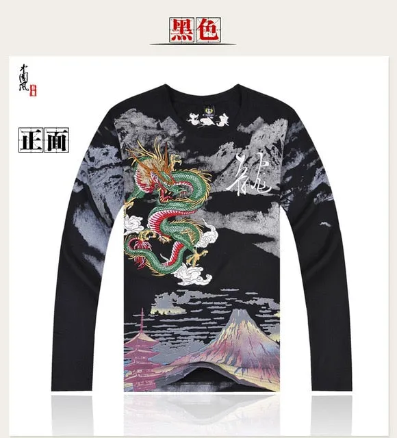 China National Wind Dragon embroidery shirts, tops for Summer, New-arrival, long sleeve High-quality cotton t-shirt