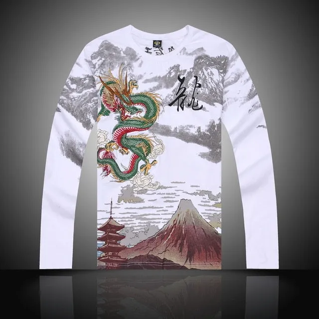 China National Wind Dragon embroidery shirts, tops for Summer, New-arrival, long sleeve High-quality cotton t-shirt