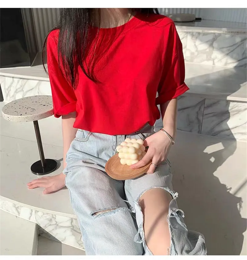 Christmas Gift  100% Cotton T Shirt Women Summer New Oversized Solid Basic Tees 9 Color Casual Loose Tshirt Korean O Neck Khaki Tops