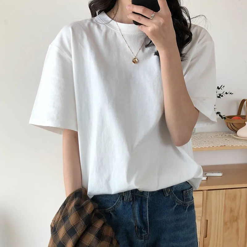 Christmas Gift  100% Cotton T Shirt Women Summer New Oversized Solid Basic Tees 9 Color Casual Loose Tshirt Korean O Neck Khaki Tops