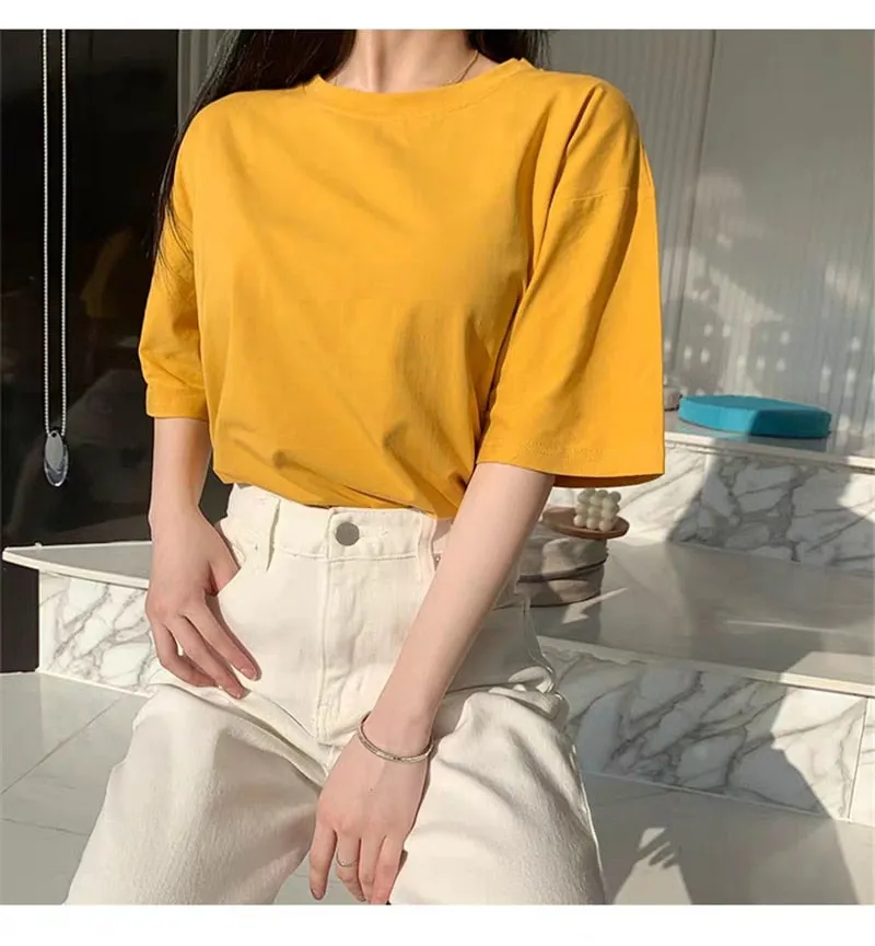 Christmas Gift  100% Cotton T Shirt Women Summer New Oversized Solid Basic Tees 9 Color Casual Loose Tshirt Korean O Neck Khaki Tops