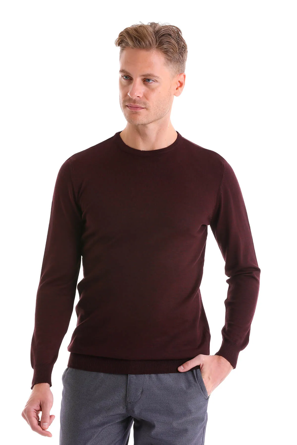 Comfort Fit Burgundy Wool Blend Crew Neck Sweater