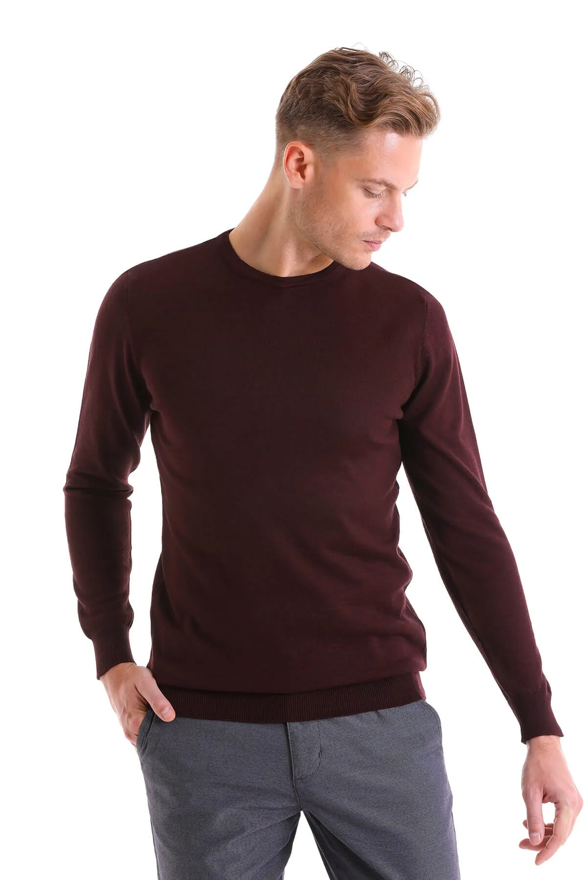 Comfort Fit Burgundy Wool Blend Crew Neck Sweater