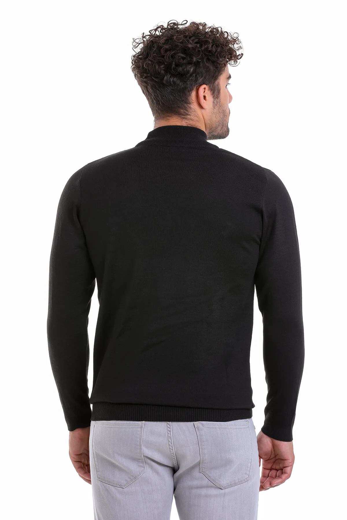 Comfort Fit Patterned Wool Blend Black Mock Neck Sweater