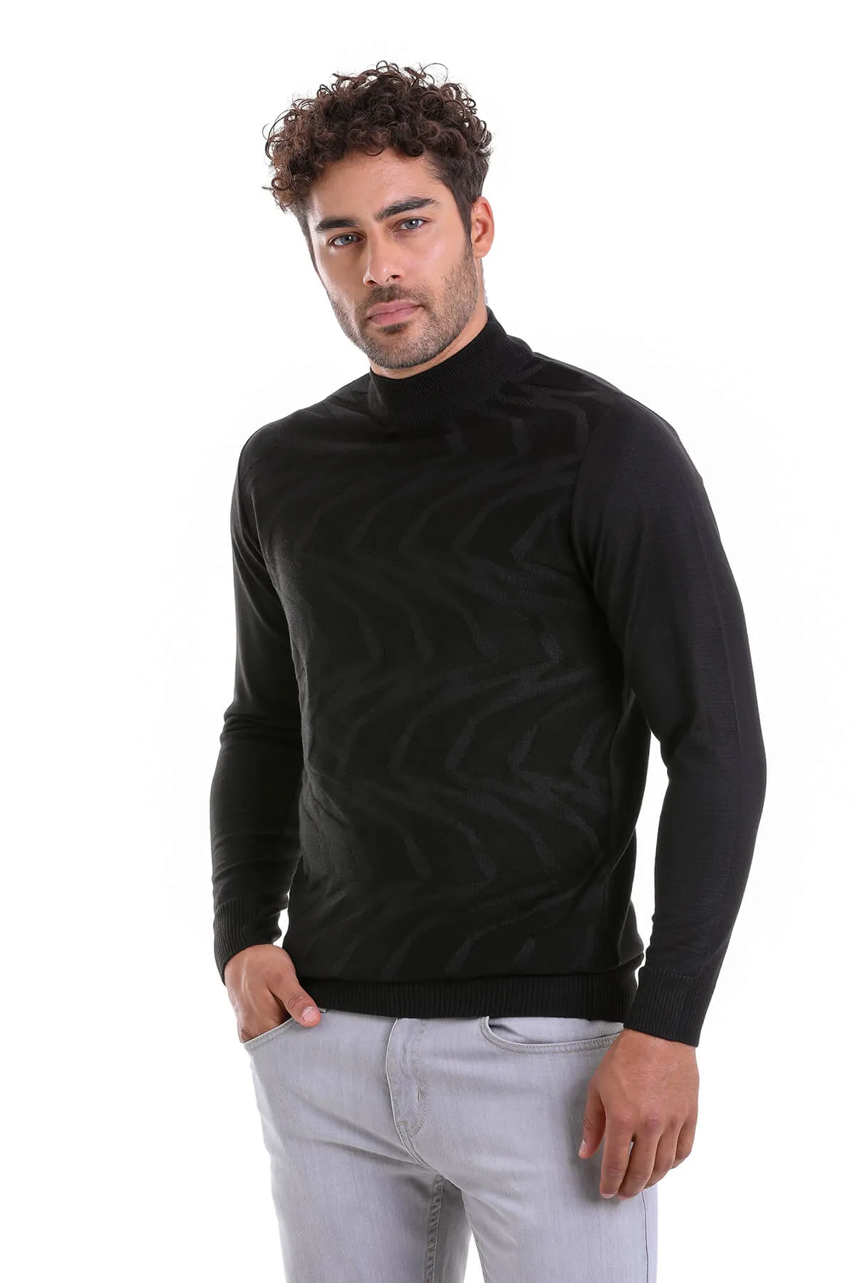 Comfort Fit Patterned Wool Blend Black Mock Neck Sweater