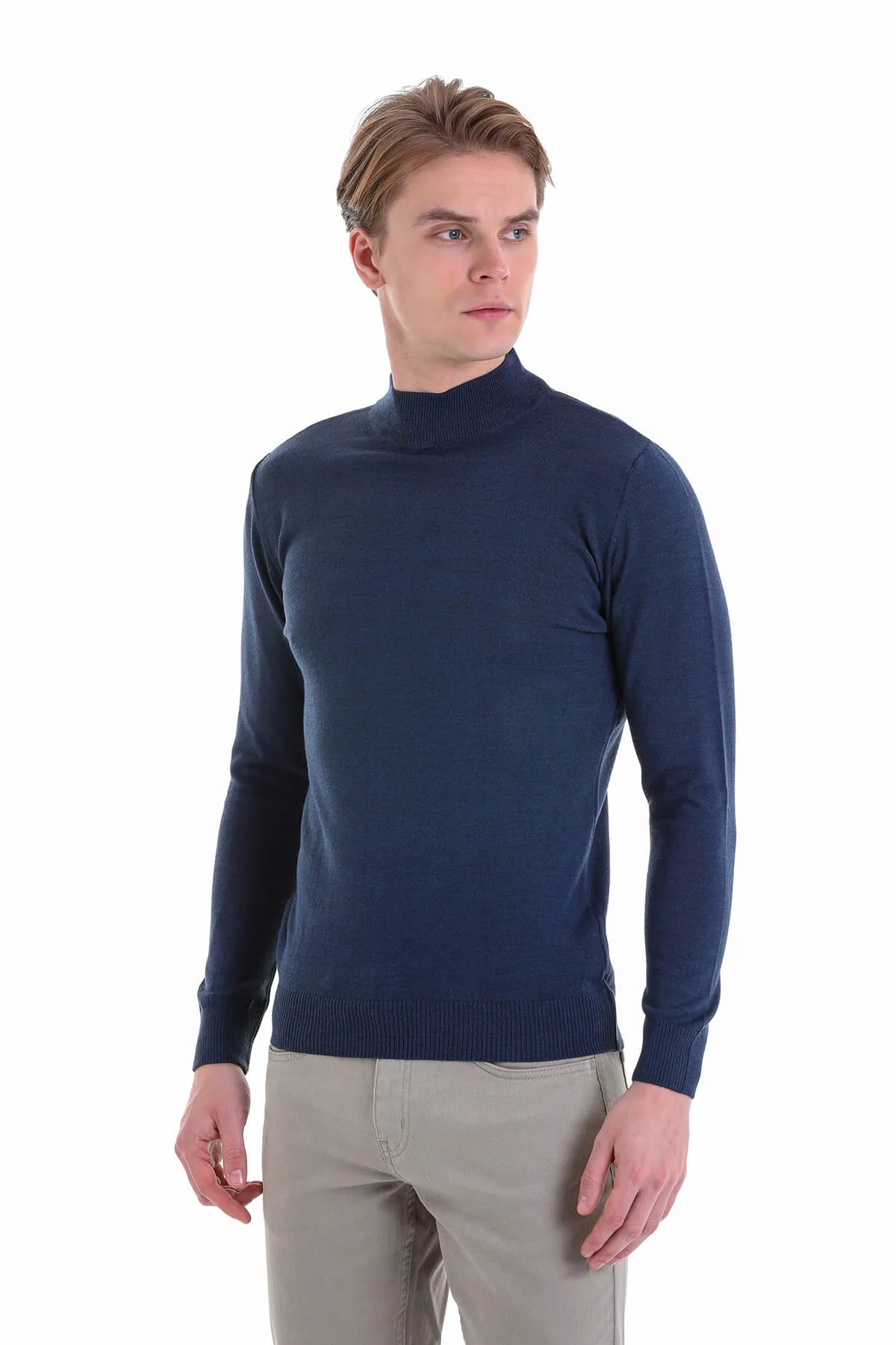 Comfort Fit Wool Blend Indigo Mock Neck Sweater