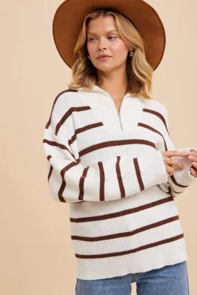 CREME/LATTE STRIPED HALF ZIP KNITTED PULLOVER