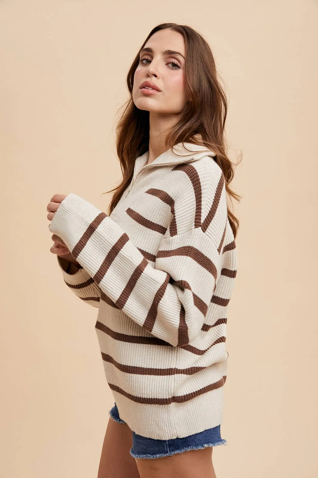 CREME/LATTE STRIPED HALF ZIP KNITTED PULLOVER