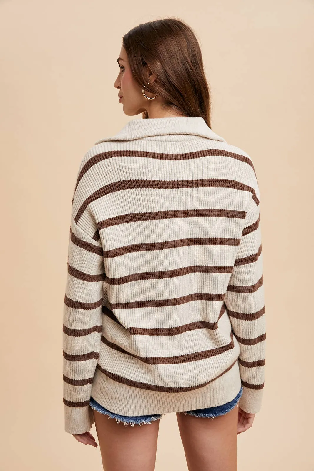 CREME/LATTE STRIPED HALF ZIP KNITTED PULLOVER