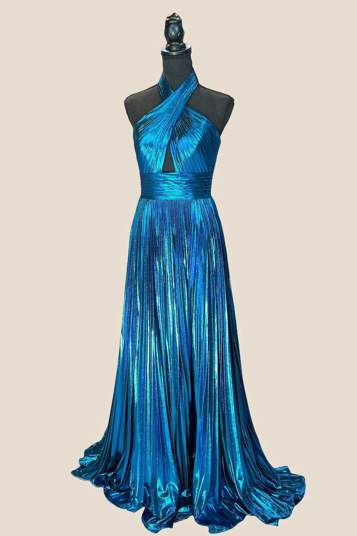 Cross Halter Blue Pleated Long Party Dress