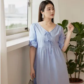 Cute V-Neck Ribbon Tie Cotton Babydoll Dress Top