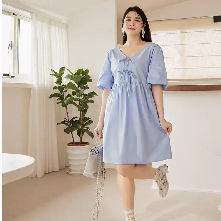 Cute V-Neck Ribbon Tie Cotton Babydoll Dress Top