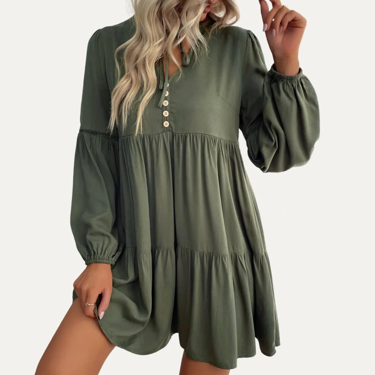 Cutest V-Neck Long Sleeve Babydoll Tiered Mini Dress