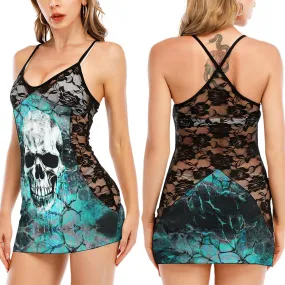 Cyan Blue Skull Horror Black Lace Sleepwears Babydol Dresses