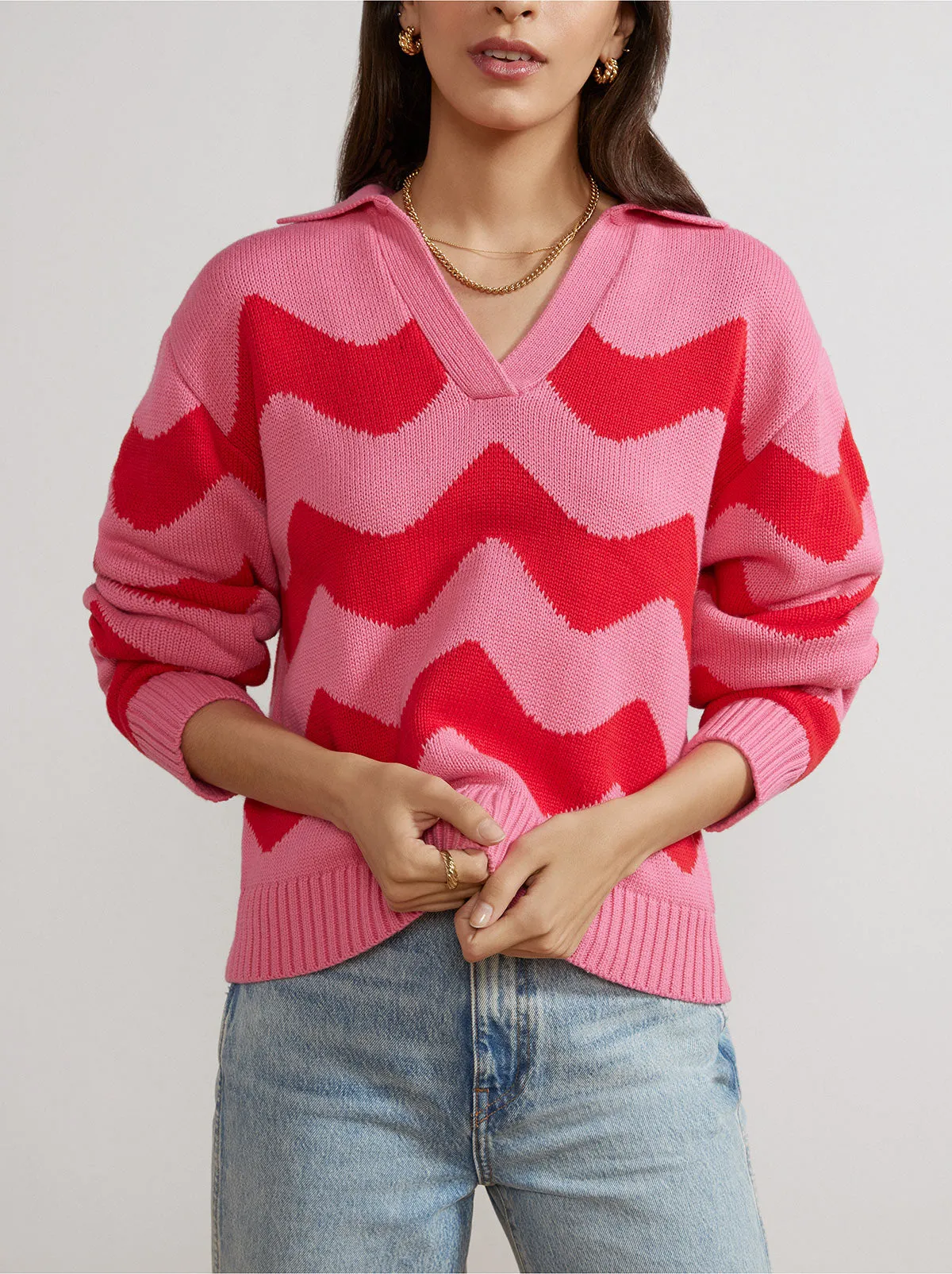 Dalia Pink And Red Wave Polo Sweater