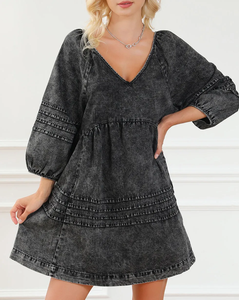 Denim Puff Sleeve Babydoll Dress