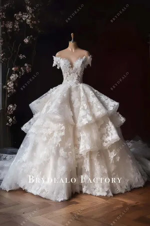 Designer Lace Off Shoulder Tiered Long Train Wedding Ballgown