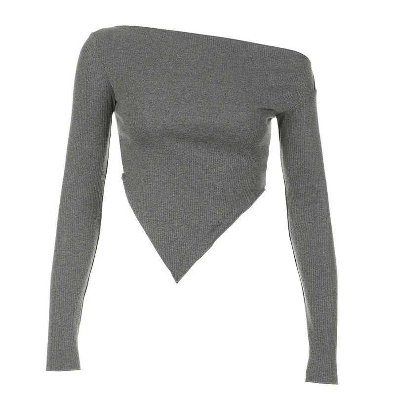 Diagonal Collar Skinny Sexy Women Tee Shirt Long Sleeve Knitted Slim Fashion Party Autumn Tops Irregular T shirts