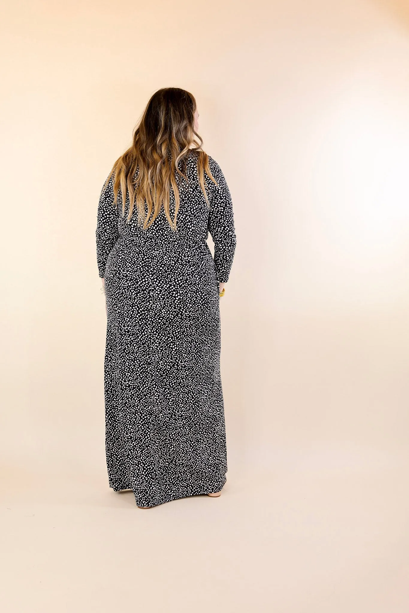 Downtown Spotlight Long Sleeve Dotted Babydoll Maxi Dress in Black