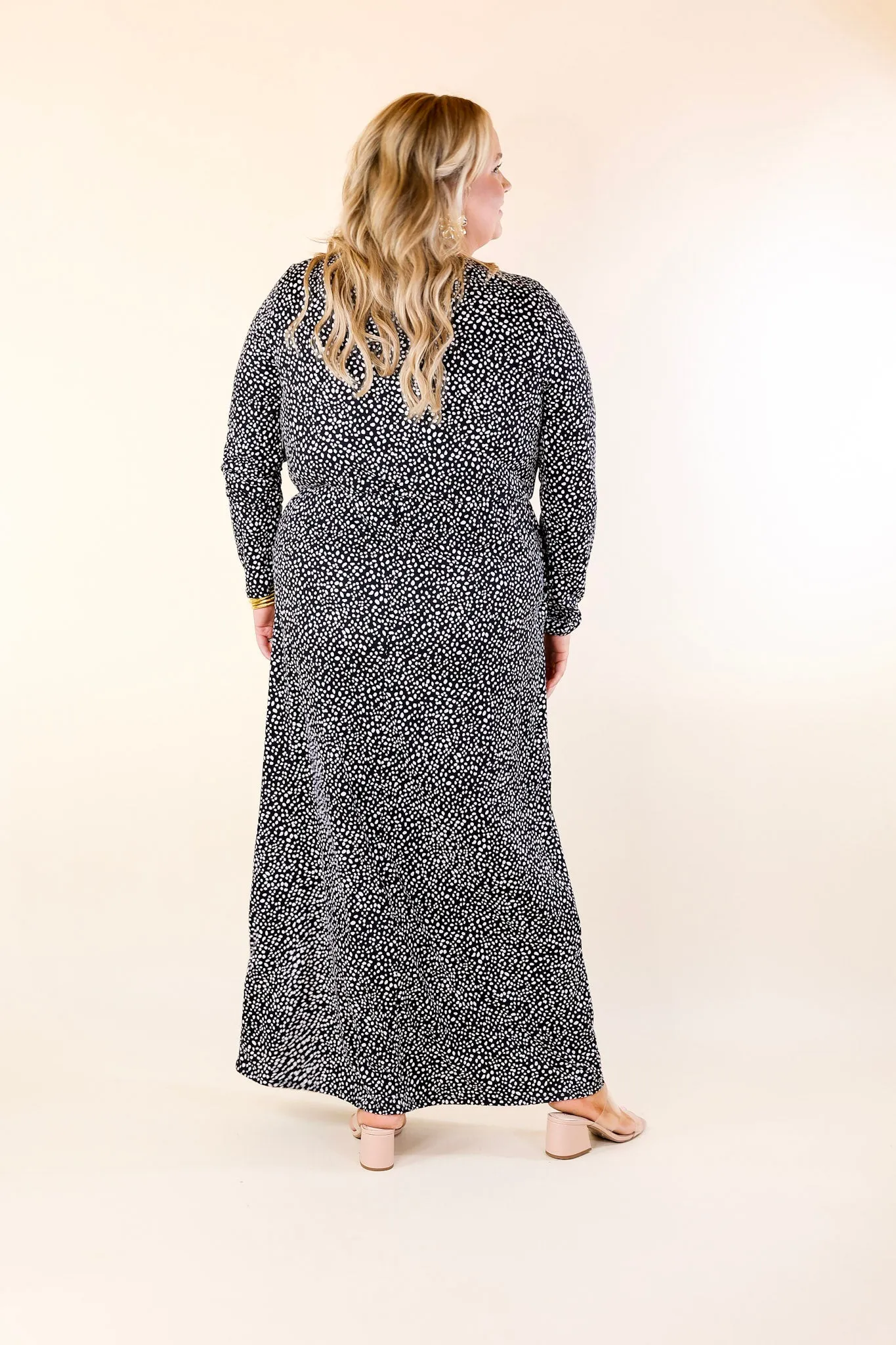 Downtown Spotlight Long Sleeve Dotted Babydoll Maxi Dress in Black