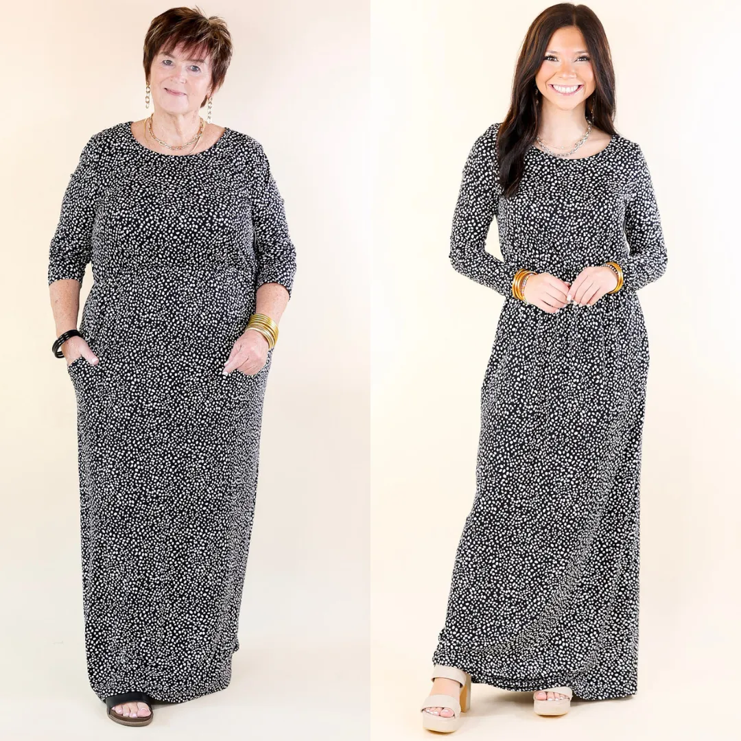 Downtown Spotlight Long Sleeve Dotted Babydoll Maxi Dress in Black