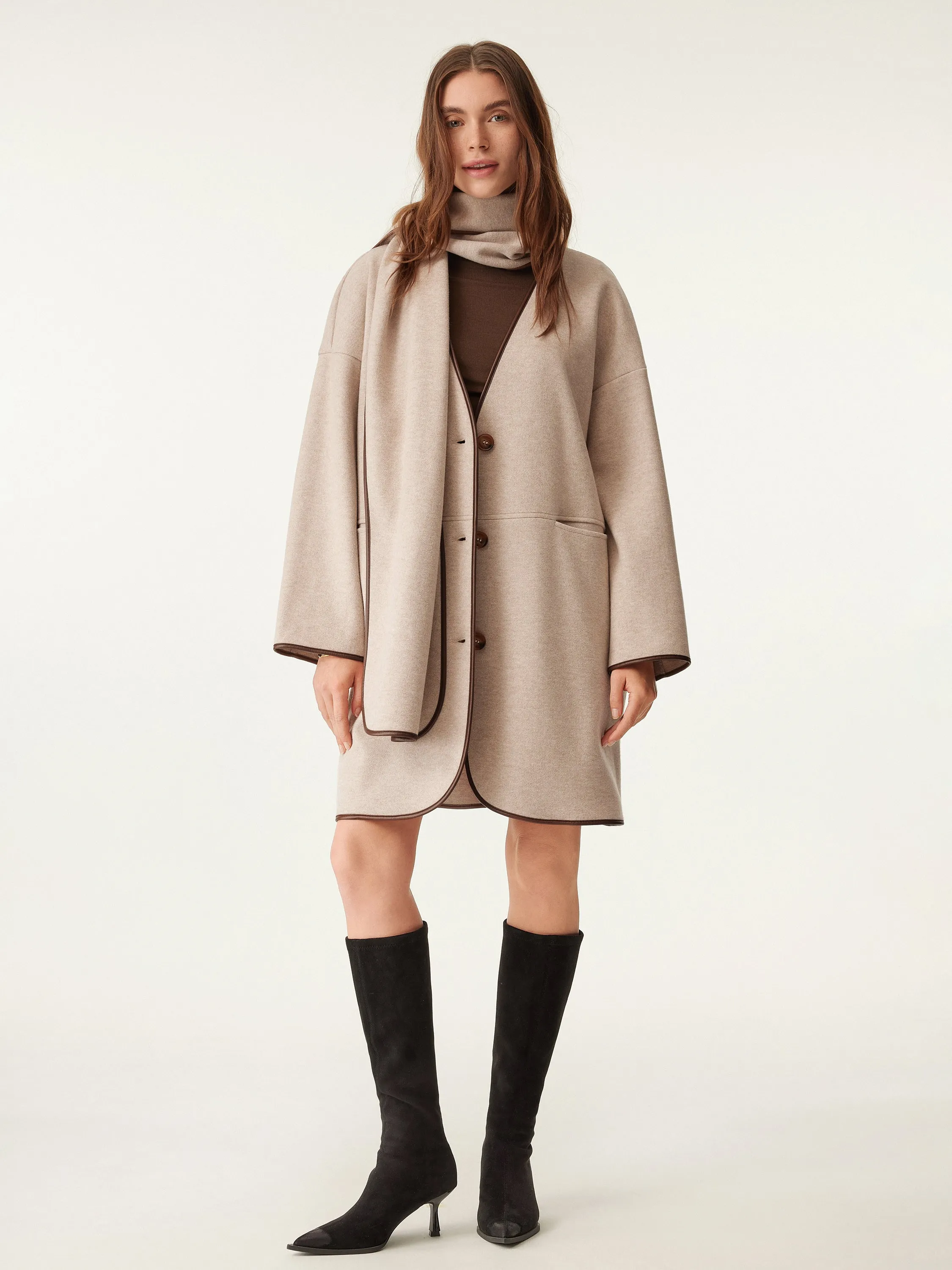 Eco-Leather Trimmed Scarf Coat