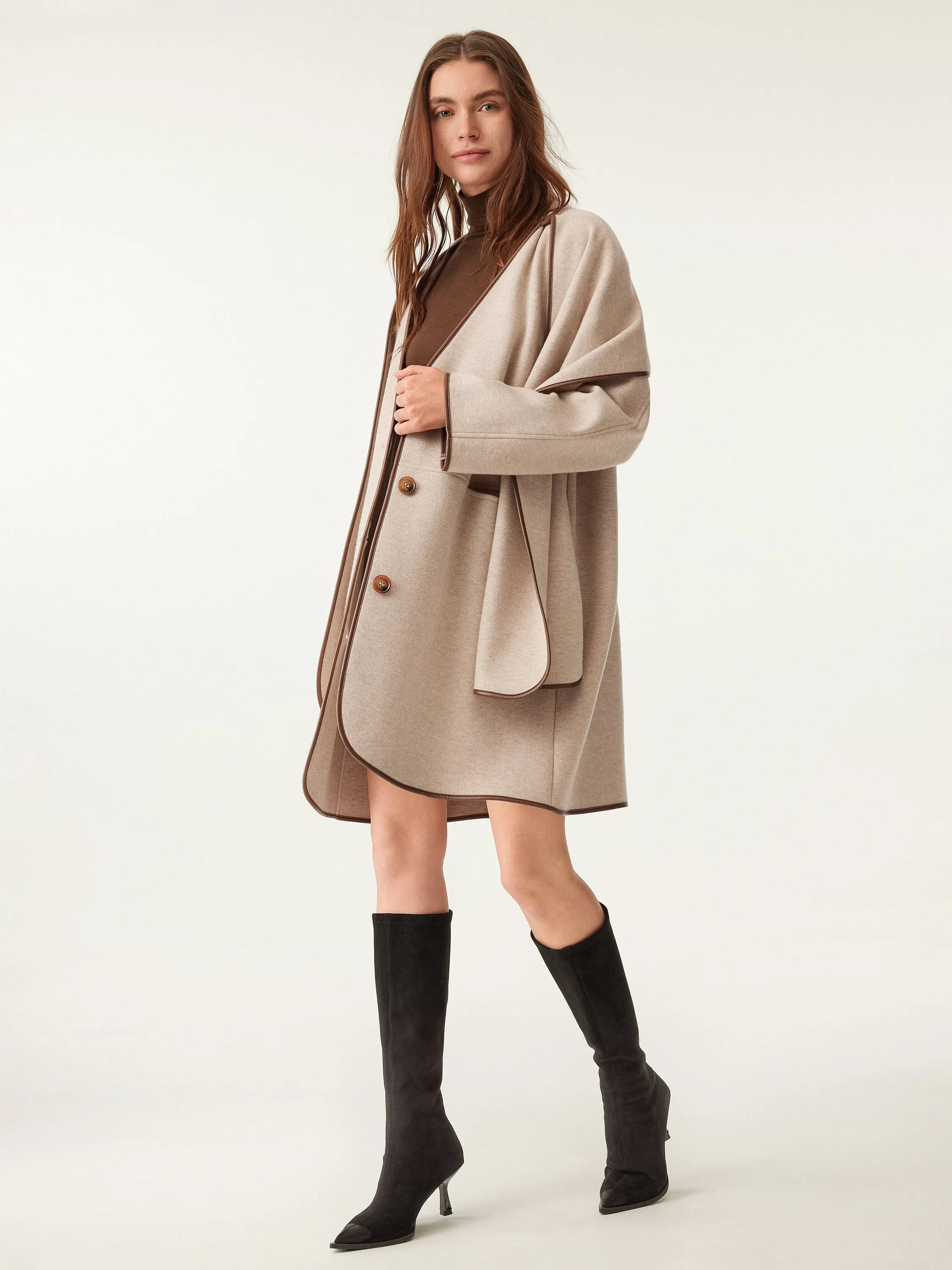 Eco-Leather Trimmed Scarf Coat