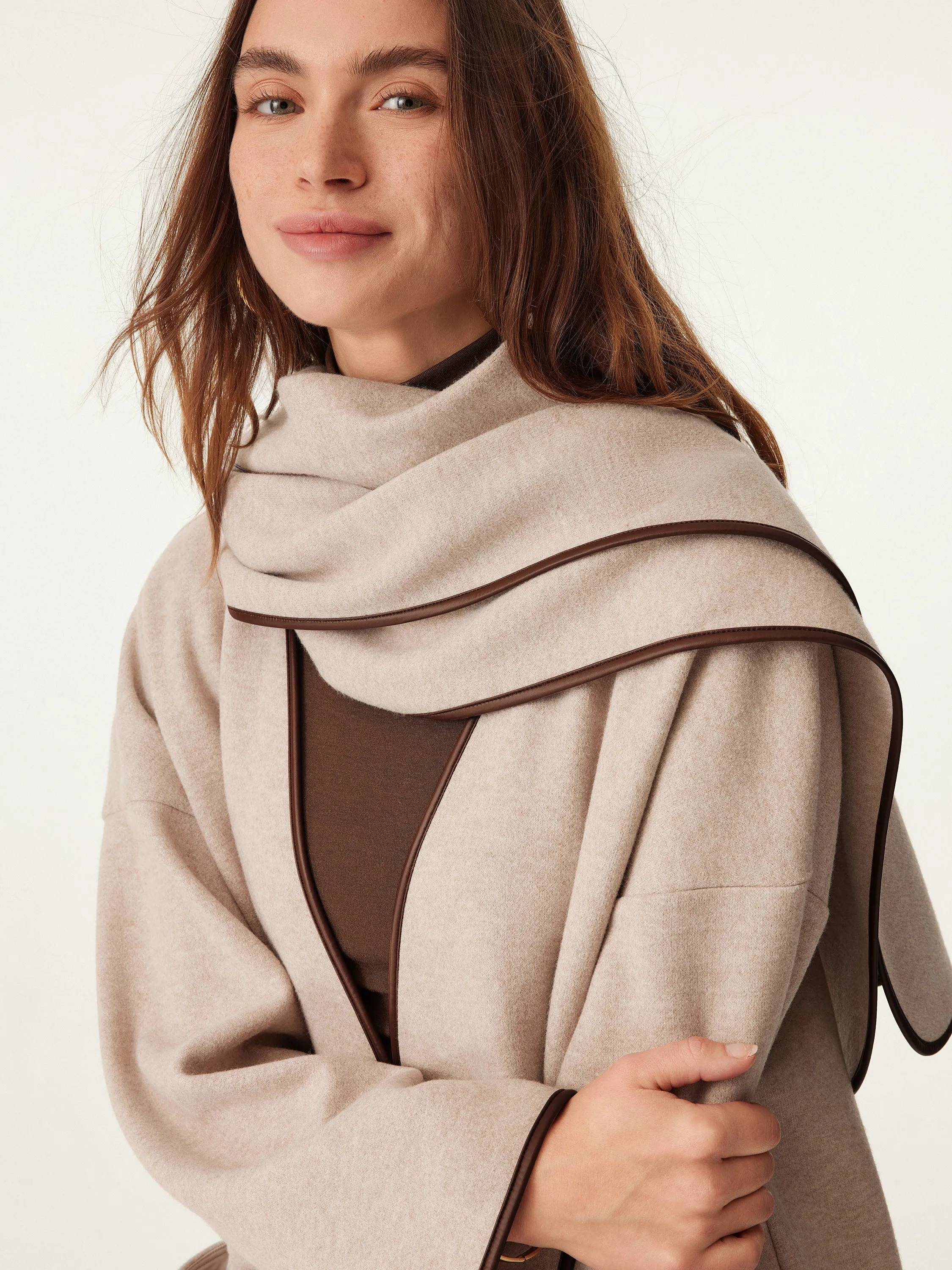 Eco-Leather Trimmed Scarf Coat