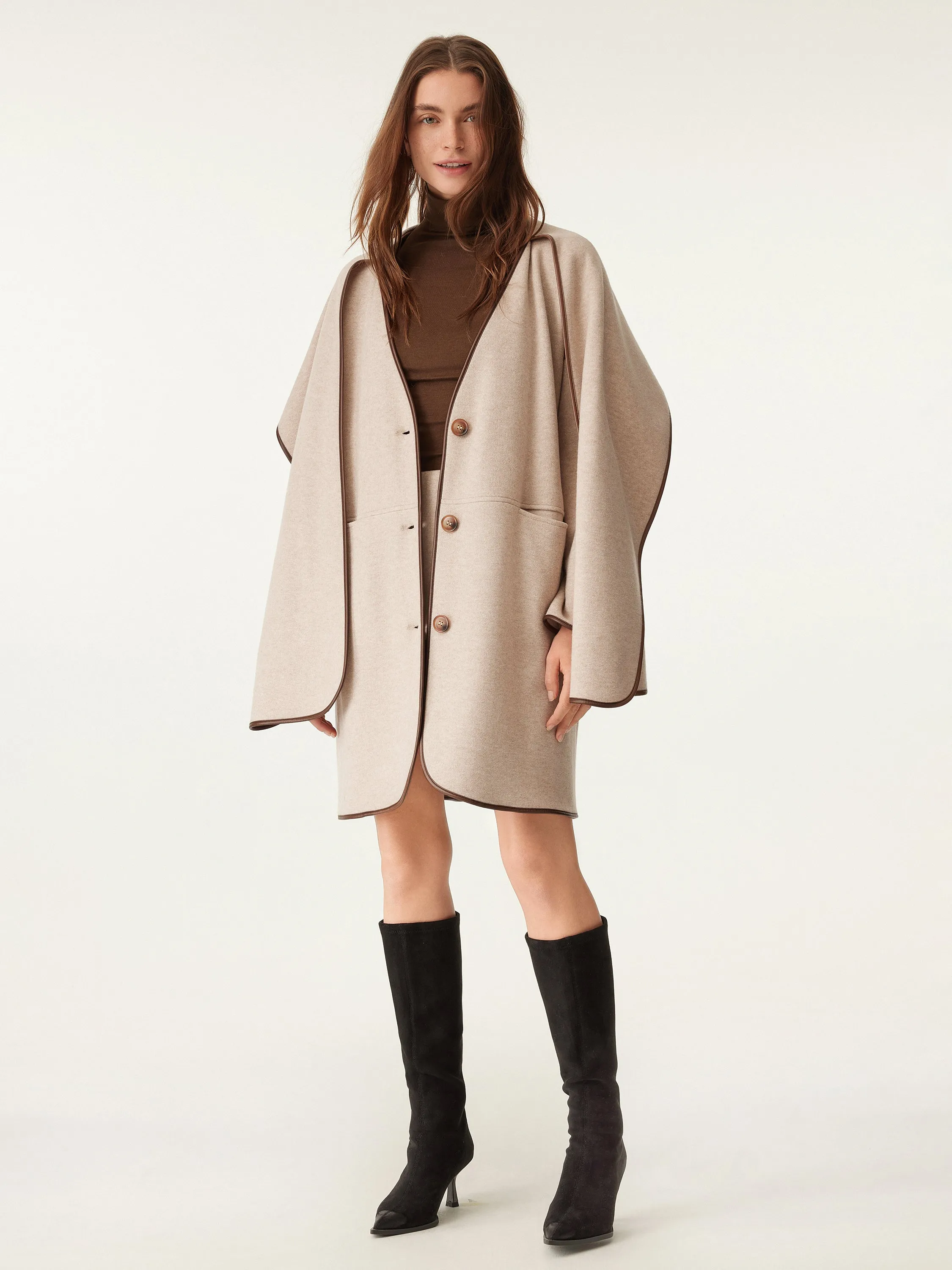 Eco-Leather Trimmed Scarf Coat