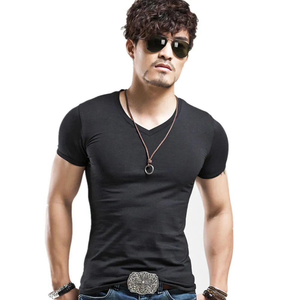 Elastic V neck Casual Mens T Shirt in 20 Colours