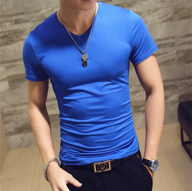 Elastic V neck Casual Mens T Shirt in 20 Colours