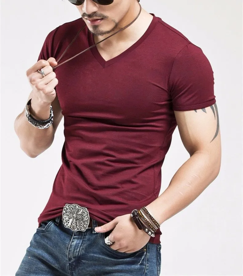 Elastic V neck Casual Mens T Shirt in 20 Colours