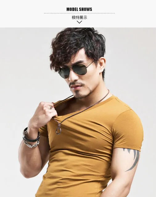 Elastic V neck Casual Mens T Shirt in 20 Colours