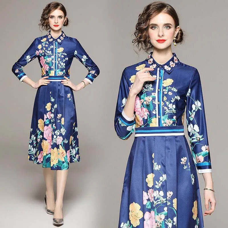 Elegant Blue Mid-Length Slimming Dress with Positioning Print