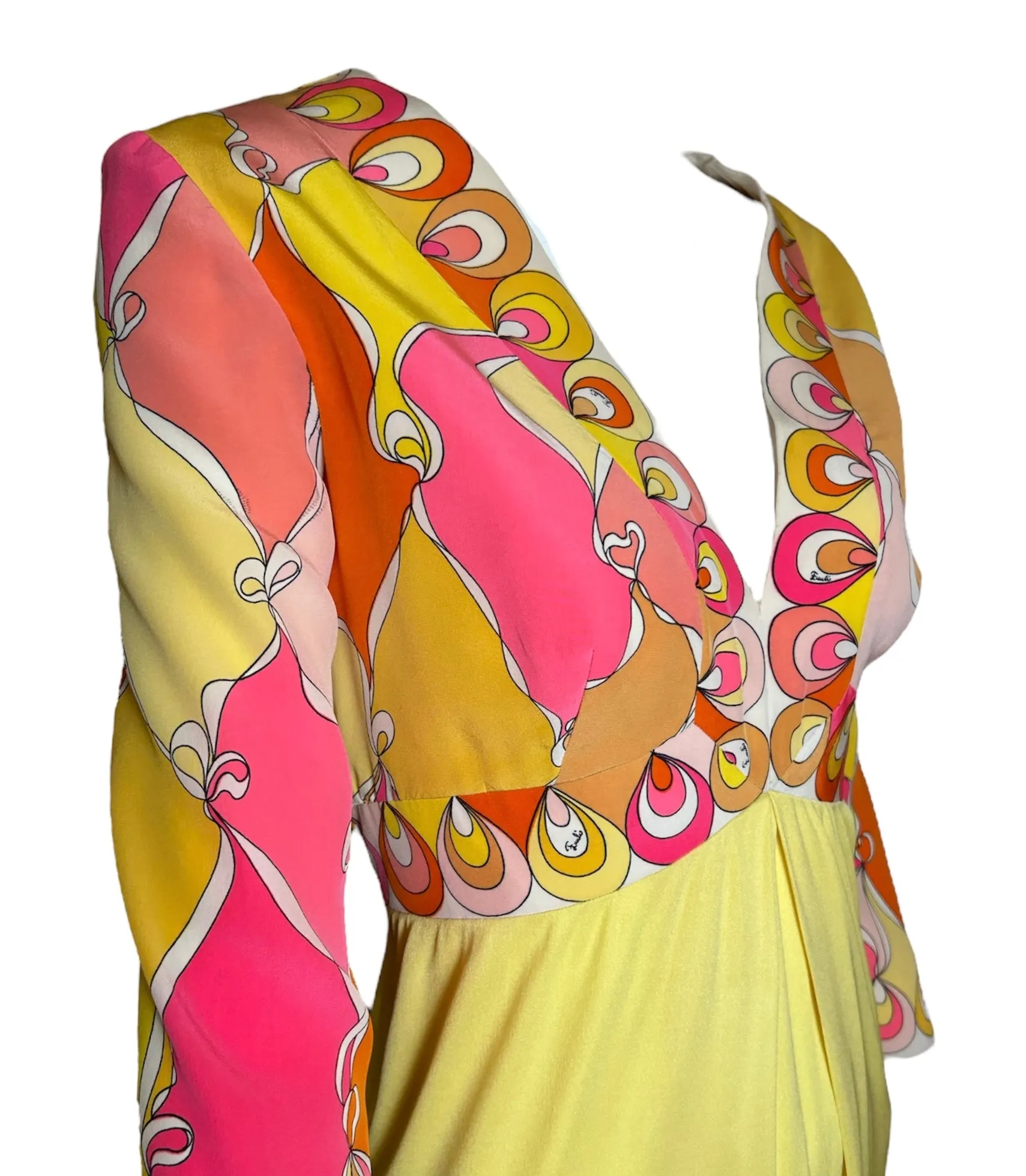 Emilio Pucci Pink & Yellow Psychedelic Silk Crepe Midi Dress