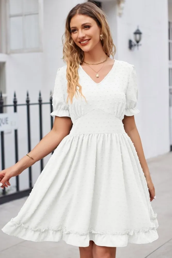 Enchanting Elegance Swiss Dot V Neck Pattern Dress