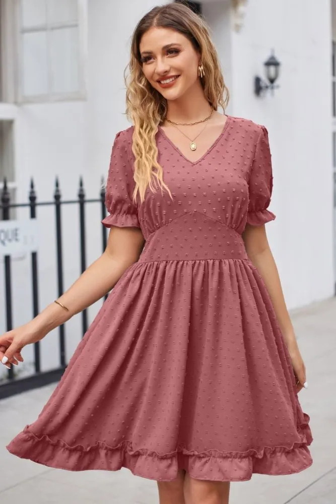 Enchanting Elegance Swiss Dot V Neck Pattern Dress