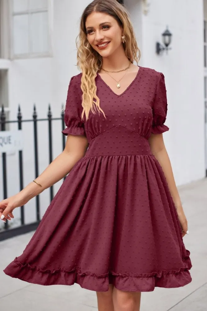 Enchanting Elegance Swiss Dot V Neck Pattern Dress