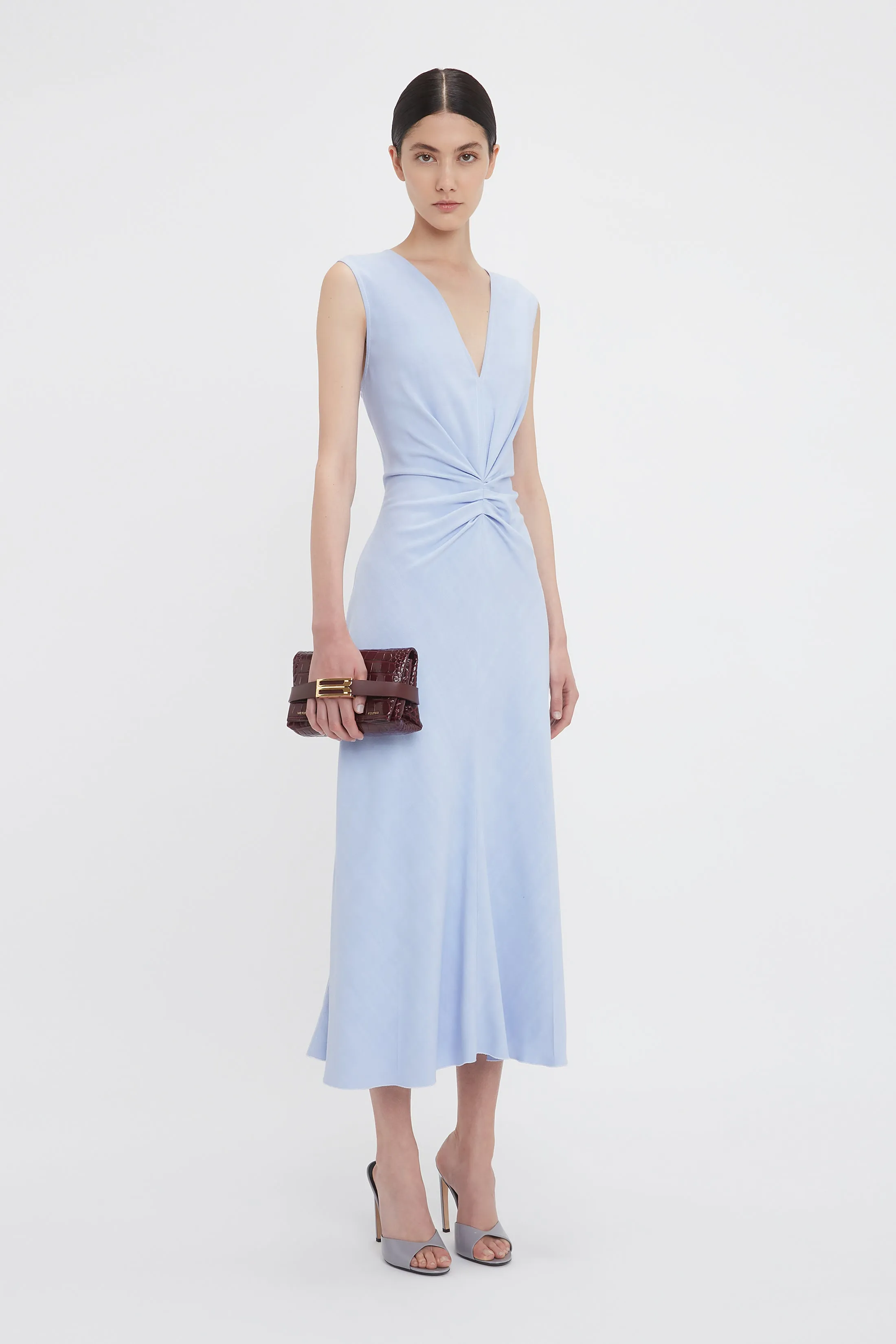 Exclusive Sleeveless Gathered Waist Midi Dress In Frost