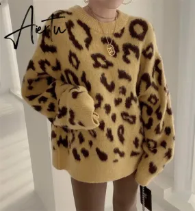 FANIECES Leopard Print Oversized Sweater Pullovers Autumn Loose Batwing Sleeve O-Neck Warm Jumper Casual Streetwear Pull Femme