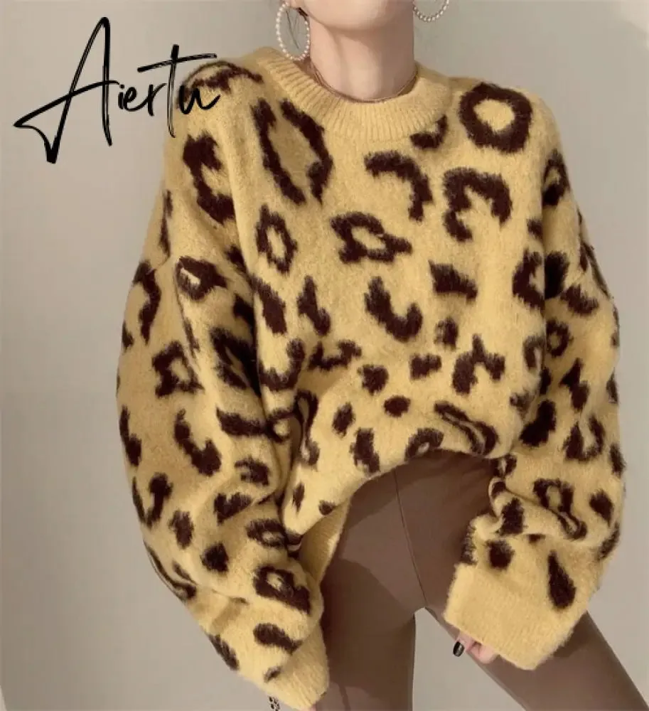 FANIECES Leopard Print Oversized Sweater Pullovers Autumn Loose Batwing Sleeve O-Neck Warm Jumper Casual Streetwear Pull Femme