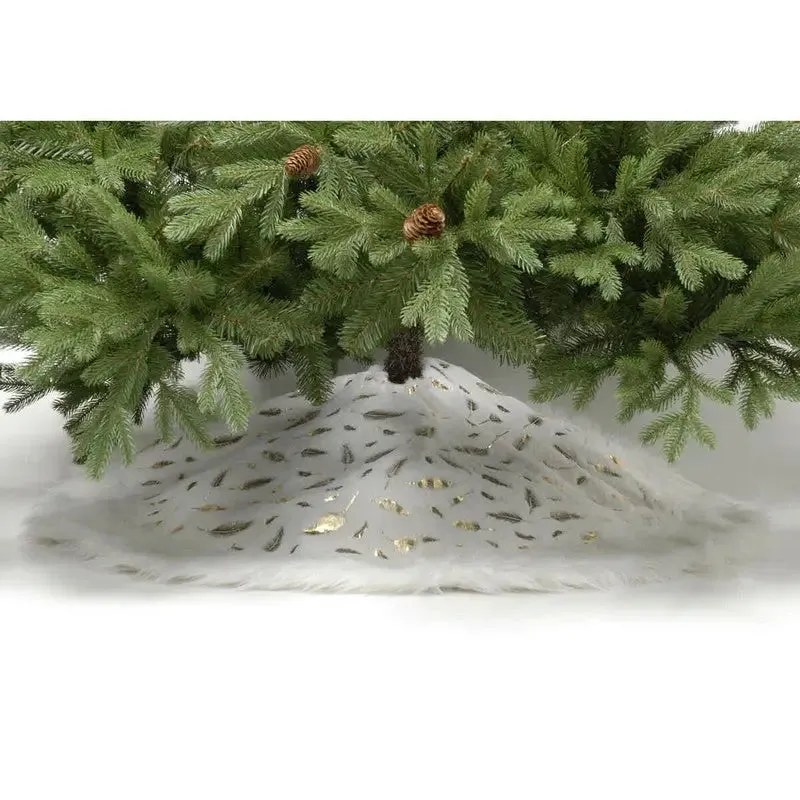 Festive 100cm White Fur Tree Skirt With Gold Leaves